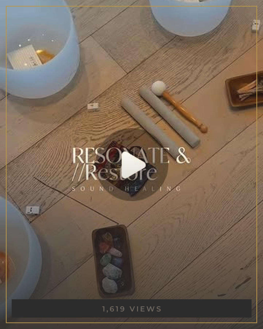 Resonate and Restore sound healing flatlay with crystal bowls and mallets
